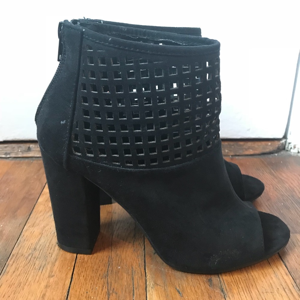 Suede Block Peep-toe Heeled Booties - Picture 2 of 4